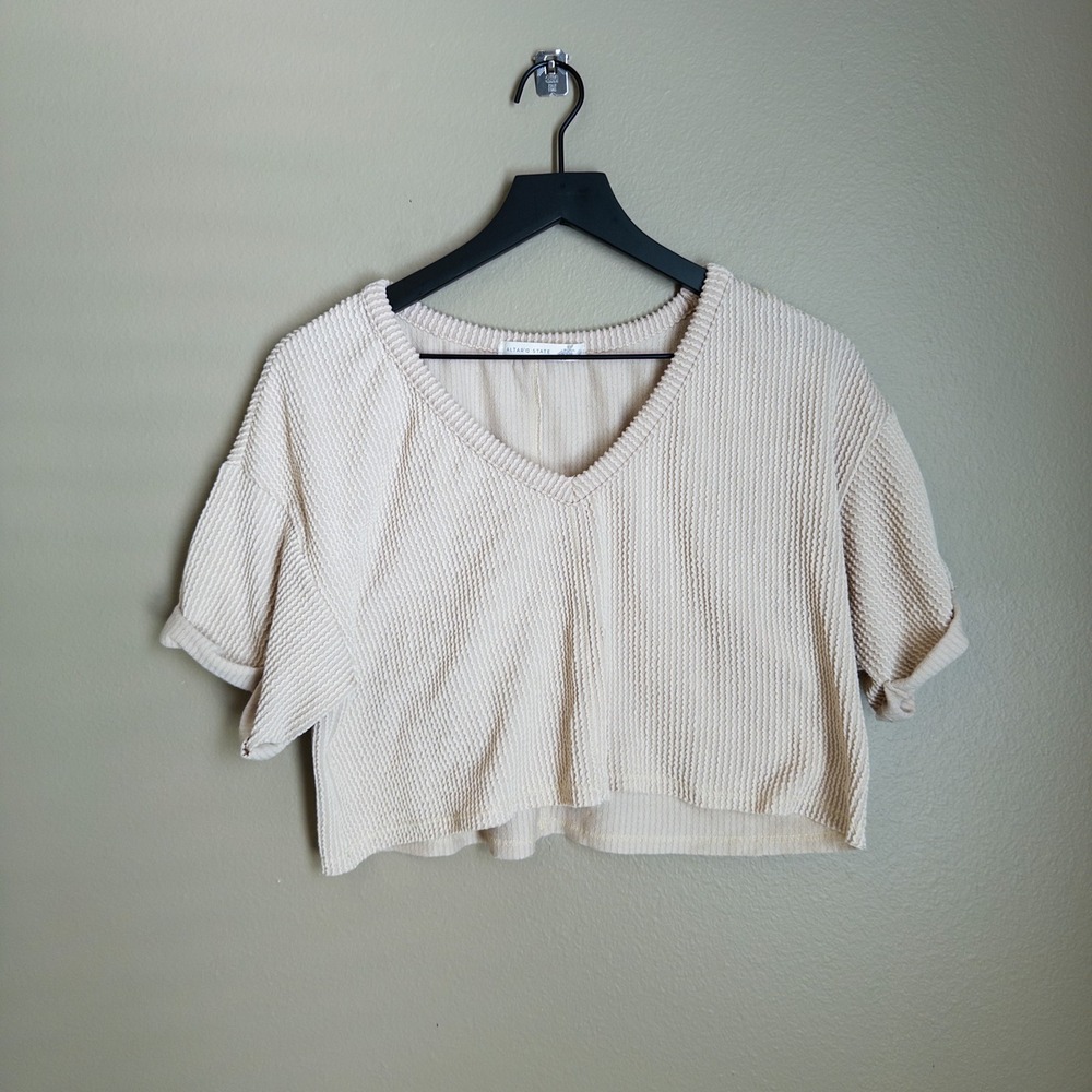 Altar'd State Womens Beige Textured Waffle Knit V-Neck Crop Top S A1599K762JD